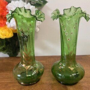 Antique Victorian Green Ruffle Glass Vases Hand Painted Enamel Florals and Gold‎